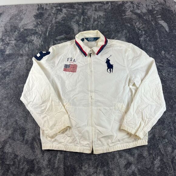 Vtg Polo Ralph Lauren Big Pony Flag Patch Full Zip Jacket Men's L White *Read - Picture 1 of 16